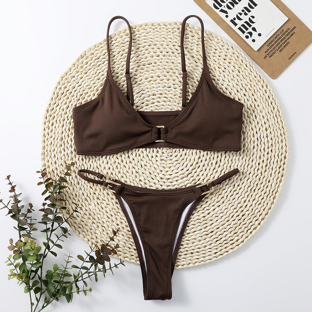Ruffle Edge Triangle Bikini Set - Mocha Brown