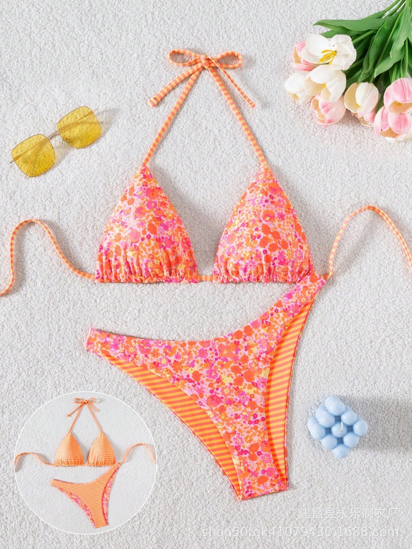 Floral print bikini set with tie front triangle top