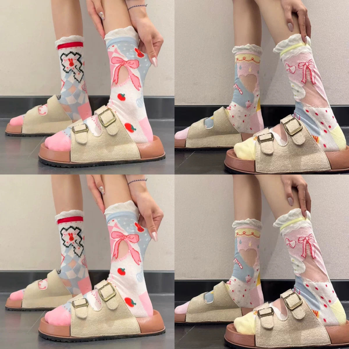Cute Patterned Crew Socks for Women - Girly Bow Heart Bunny Designs