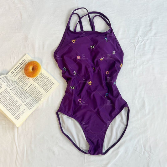 Purple Embroidered One Piece Swimsuit