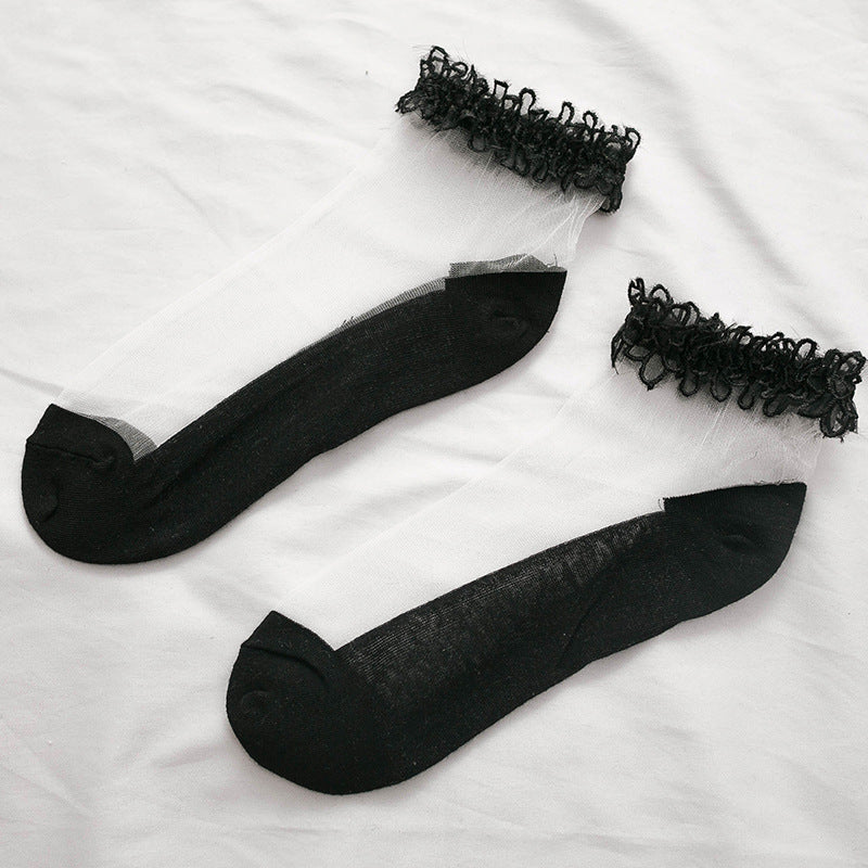 Lace Trim Sheer Ankle Socks - Cute Ruffle Cotton Socks