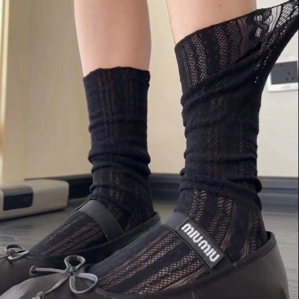 Lace Bow Mid-Calf Socks for Women - Cute Butterfly Frill Knee High Socks