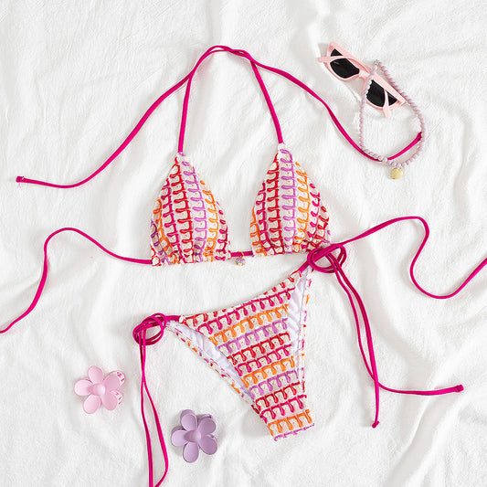 bohemian tie bikini set triangle string halter neck vintage swimsuit