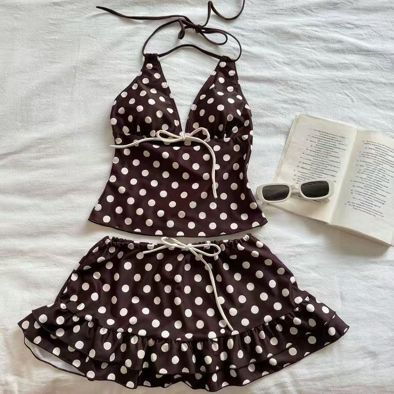 Retro Mocha Dot Neck Tie Bikini - Midriff Coverage Beach Swimsuit
