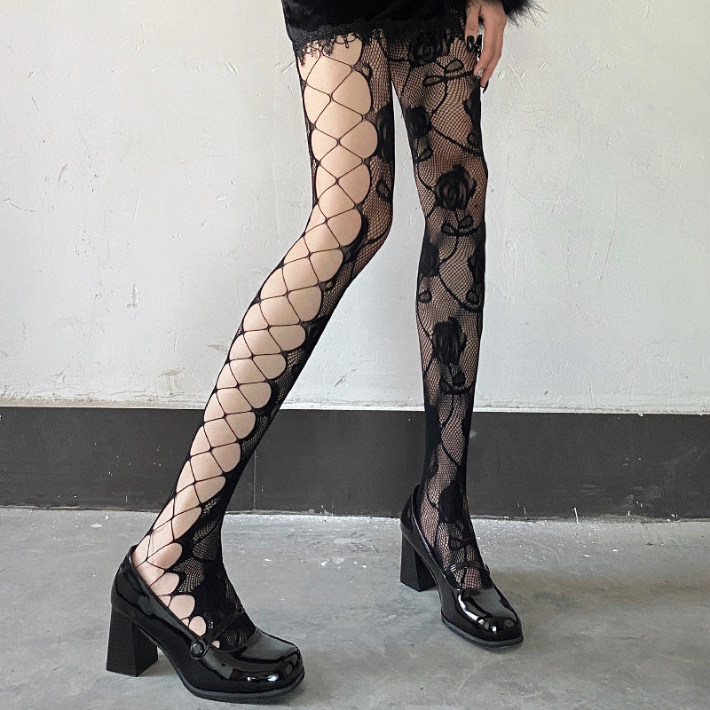 Ripped Lace Fishnet Tights Cutout Stockings Y2K Punk Style