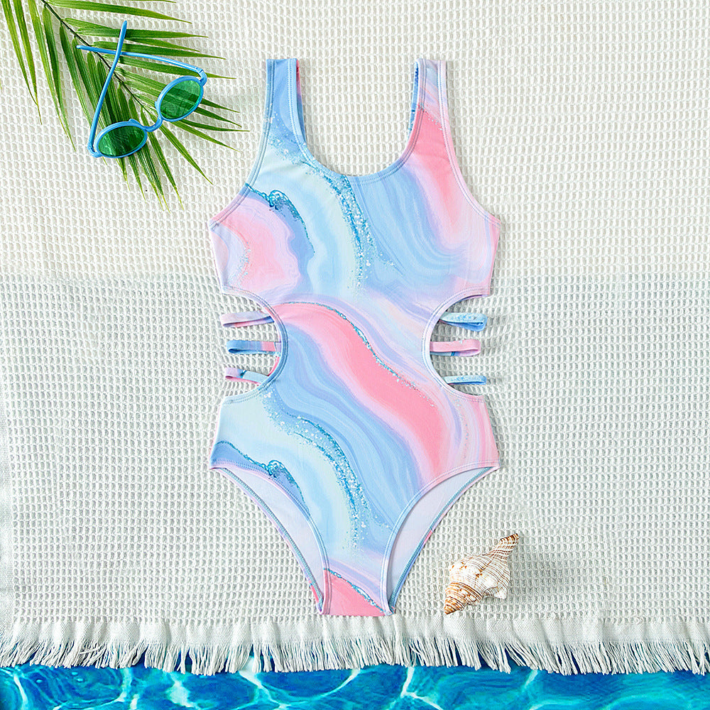 Marble Print One-Piece Swimwear - High-Waist Quick-Dry Kid's Swimsuit