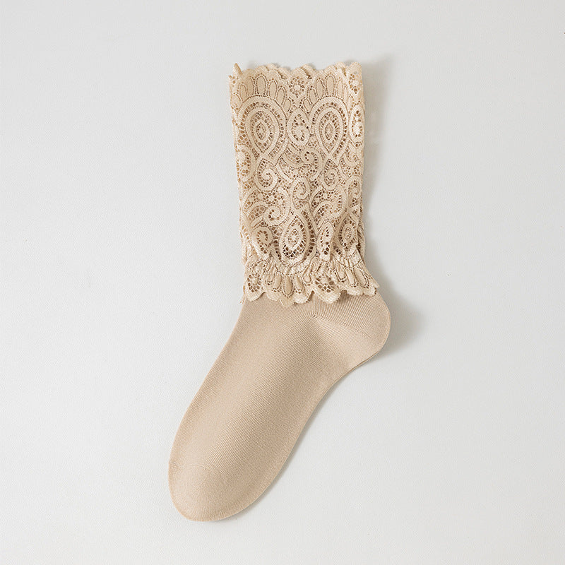 Lace Trim Cotton Ankle Socks for Women - Black, White, Nude