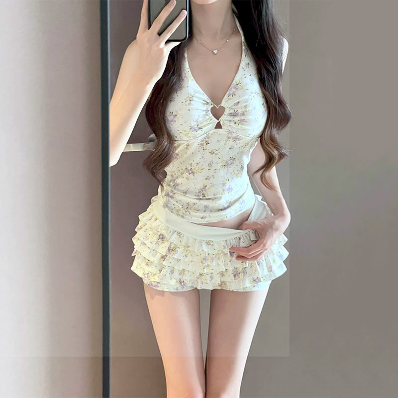 Ivory white lace halter neck bikini dress with ruffled hem