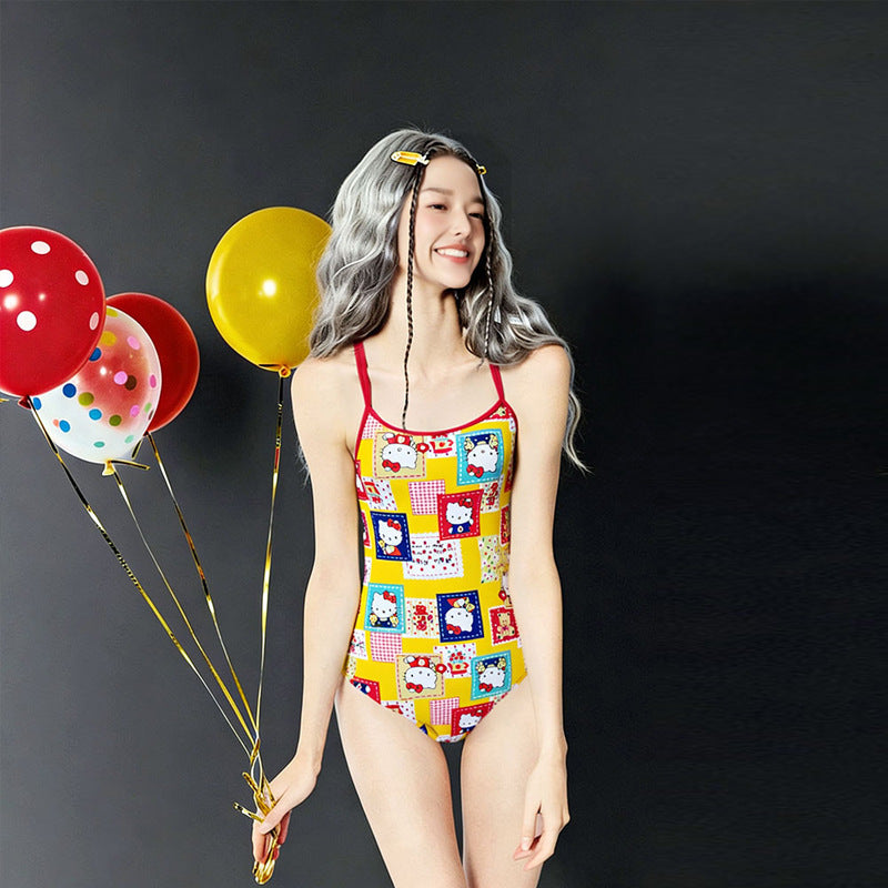 High-cut one piece swimsuit, modest coverage, high-waisted racer