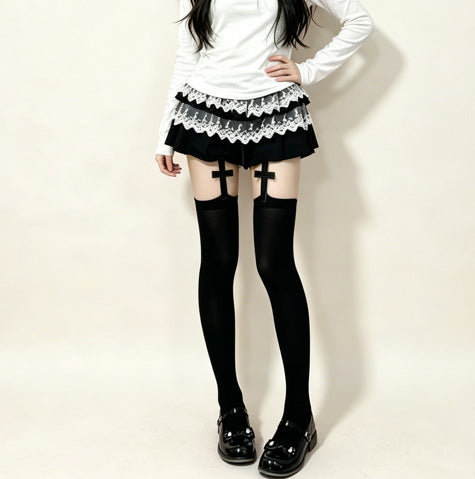 Lace Thigh High Stockings with Garter Belt - Black & White