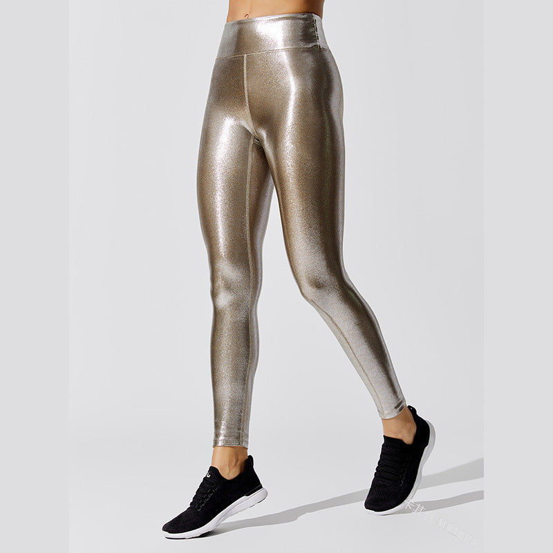 High-Waisted Metallic Leggings Pure Colour Yoga Pants Butt-Lifting Pencil Leggings