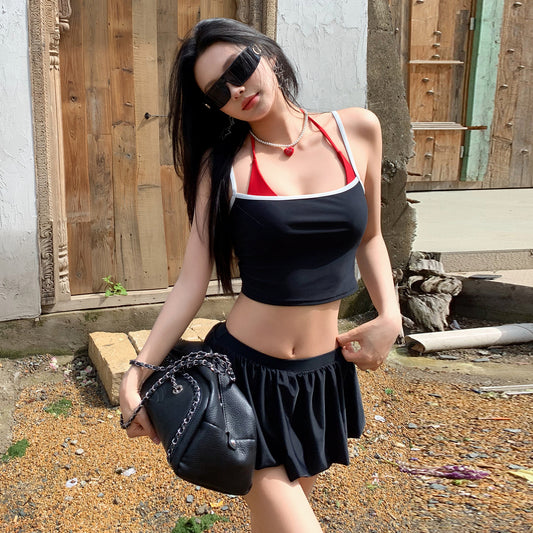 Crisscross Contrast Skirt Bikini Set - Black Camisole Top & Pleated Mini Skirt