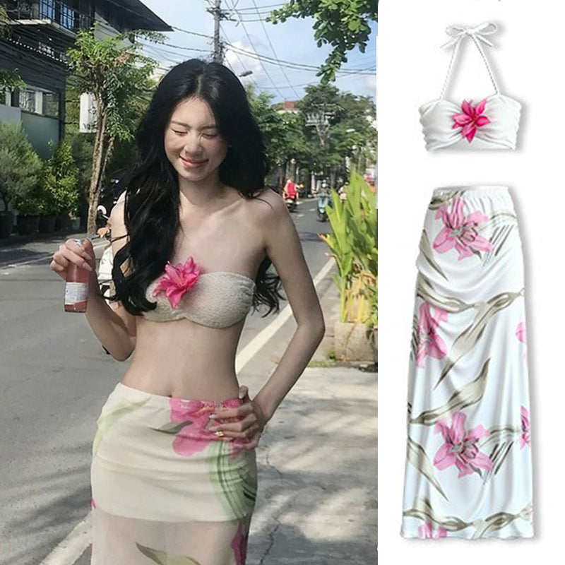 Floral flower print bikini set with long skirt