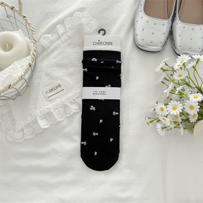 Sheer Floral Lace Trim Mid Calf Socks for Women