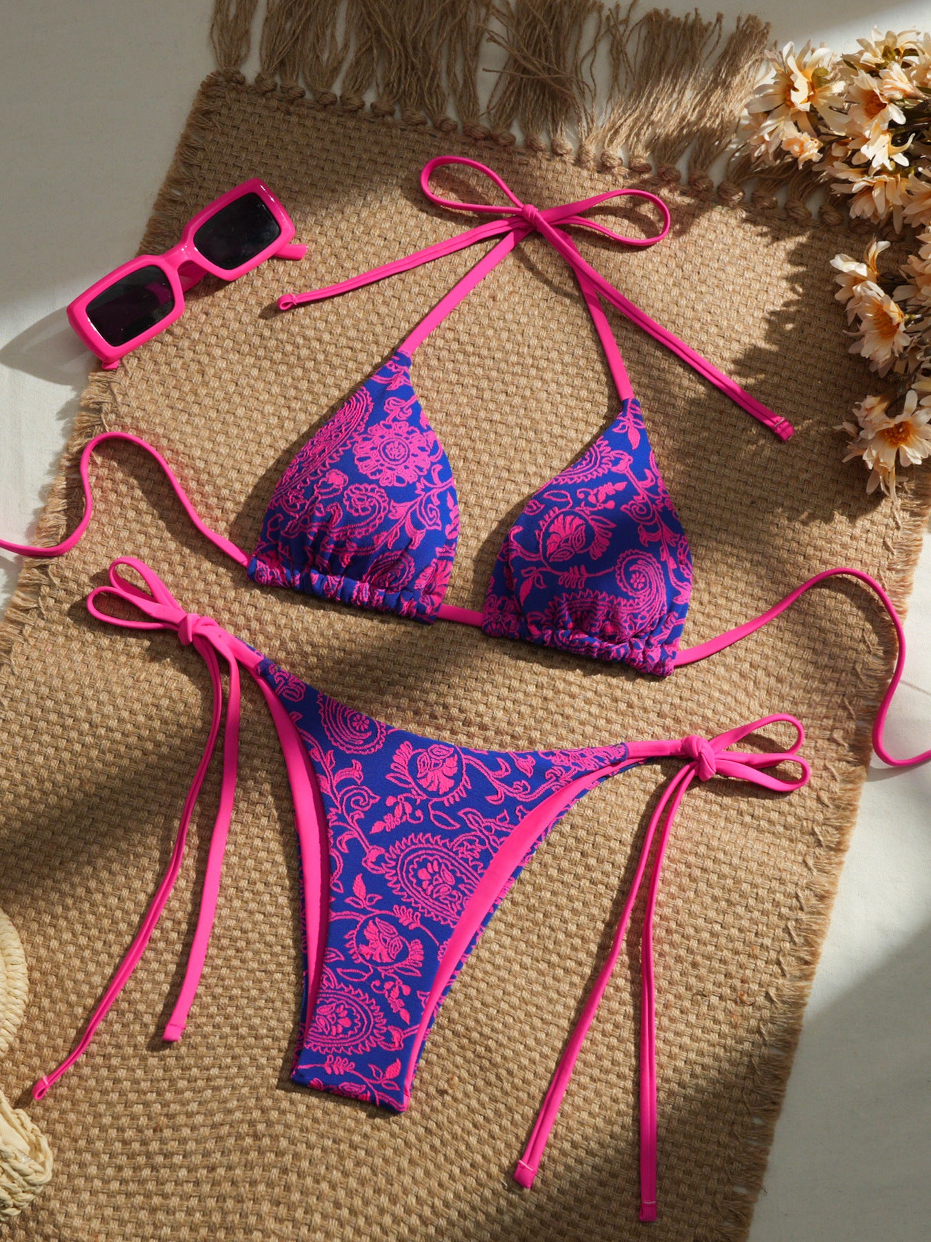 Floral Print Tie Bikini Set - Pastel Patterns & Ruched Tops