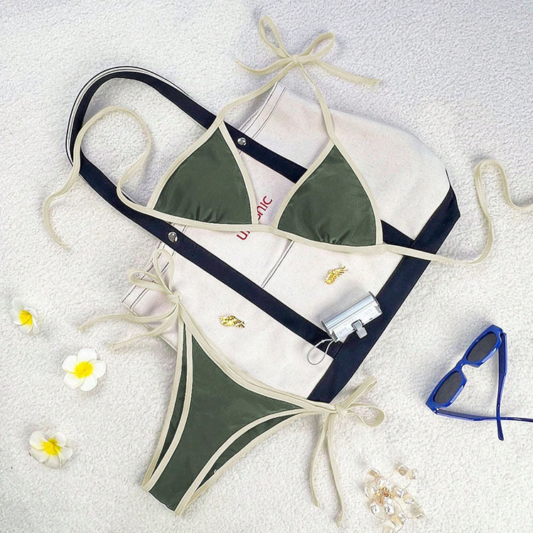 Colourful Tie-Strap Bikini Set with Bold Contrast Piping