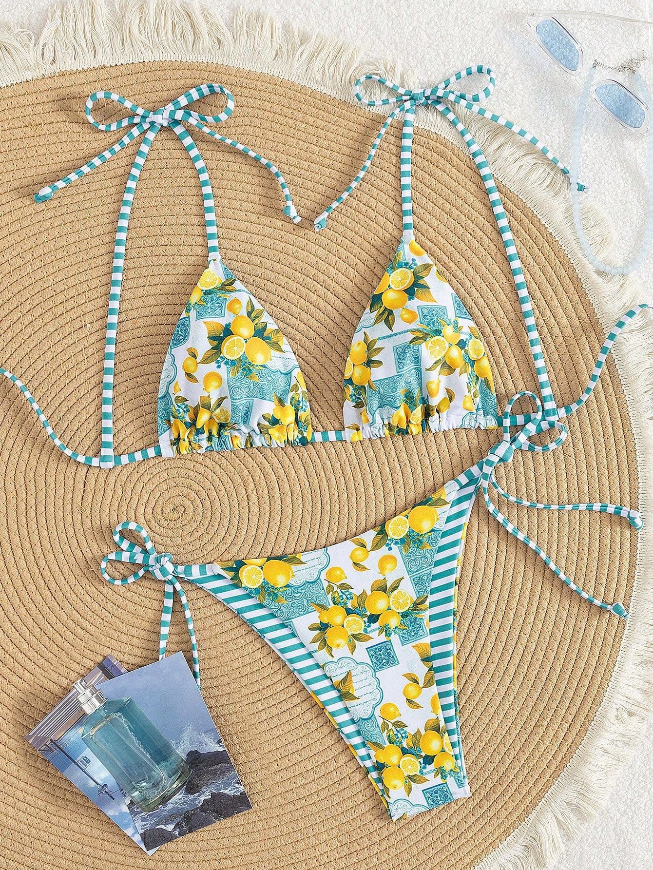 Double-sided floral print bikini set with tie-side bottoms