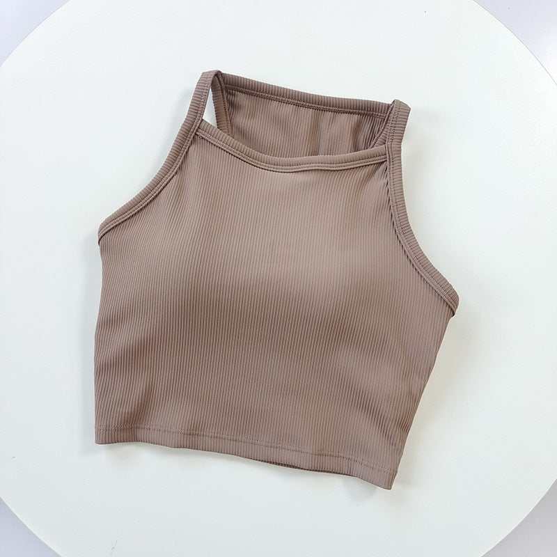 Ribbed Scrunch Yoga Sports Bra - High Neck Camisole Tank Top