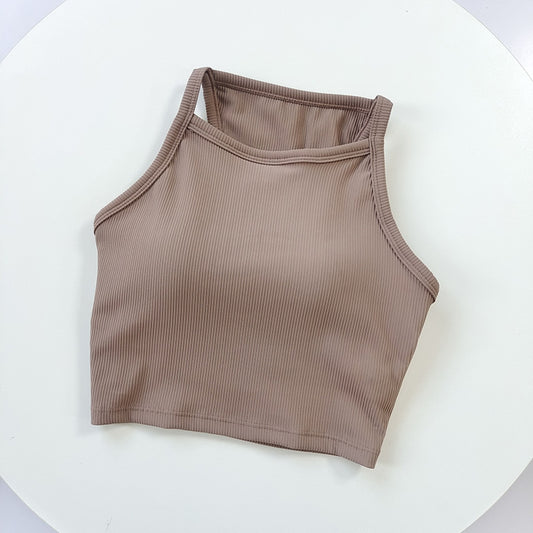 Ribbed Scrunch Yoga Sports Bra - High Neck Camisole Tank Top
