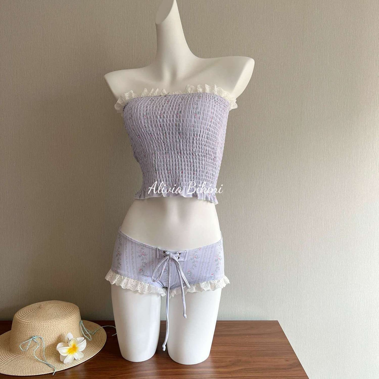 Lace Floral Sweet Bikini Set, Sheer White Matching Shorts, Vacation Swimwear