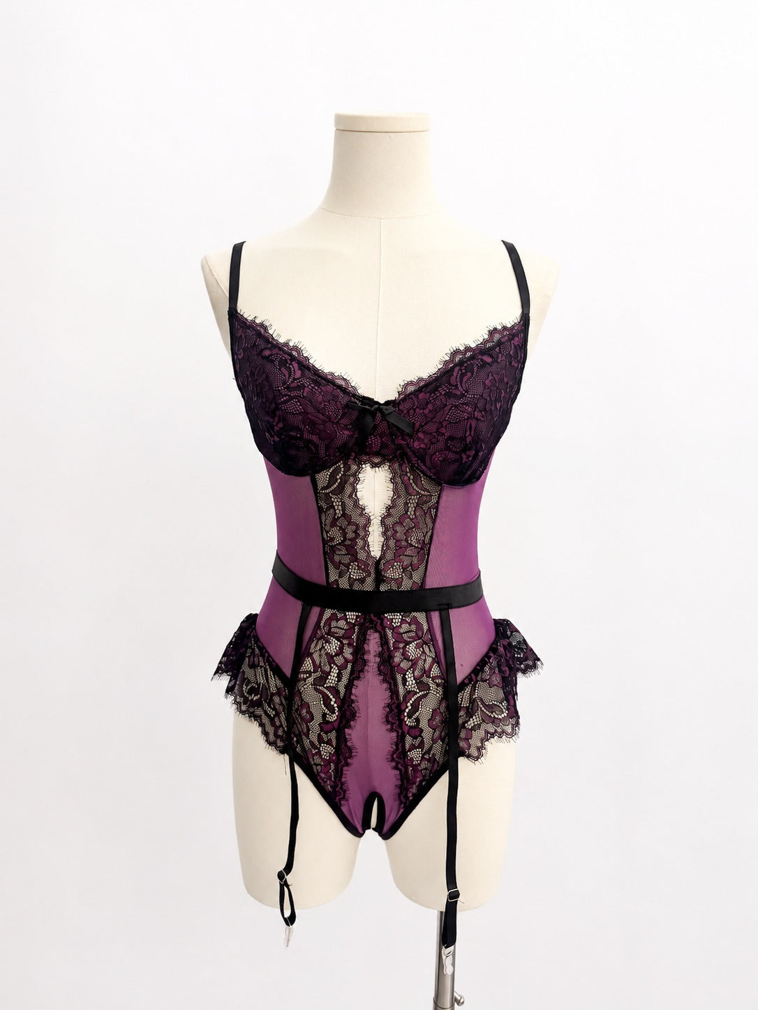 Sexy Lace Cutout Lingerie Bodysuit with Strappy Suspender