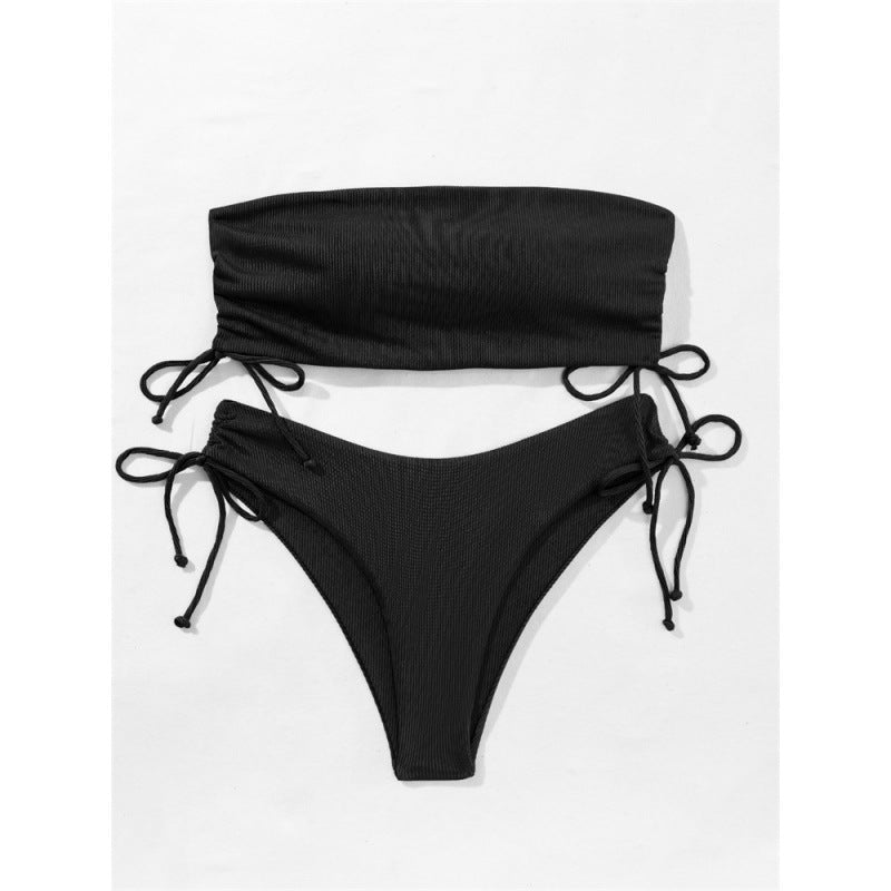 Pure Colour Bandeau Bikini Set with Drawstring Ties