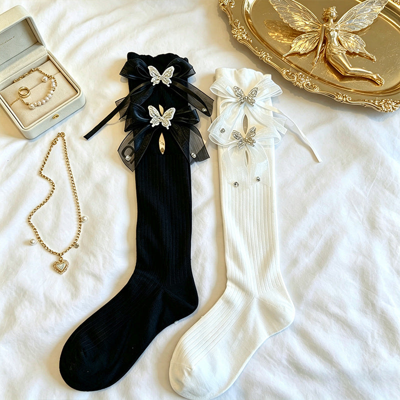 Knee High Socks with Bows Lace Trim Cute Fashion Stockings