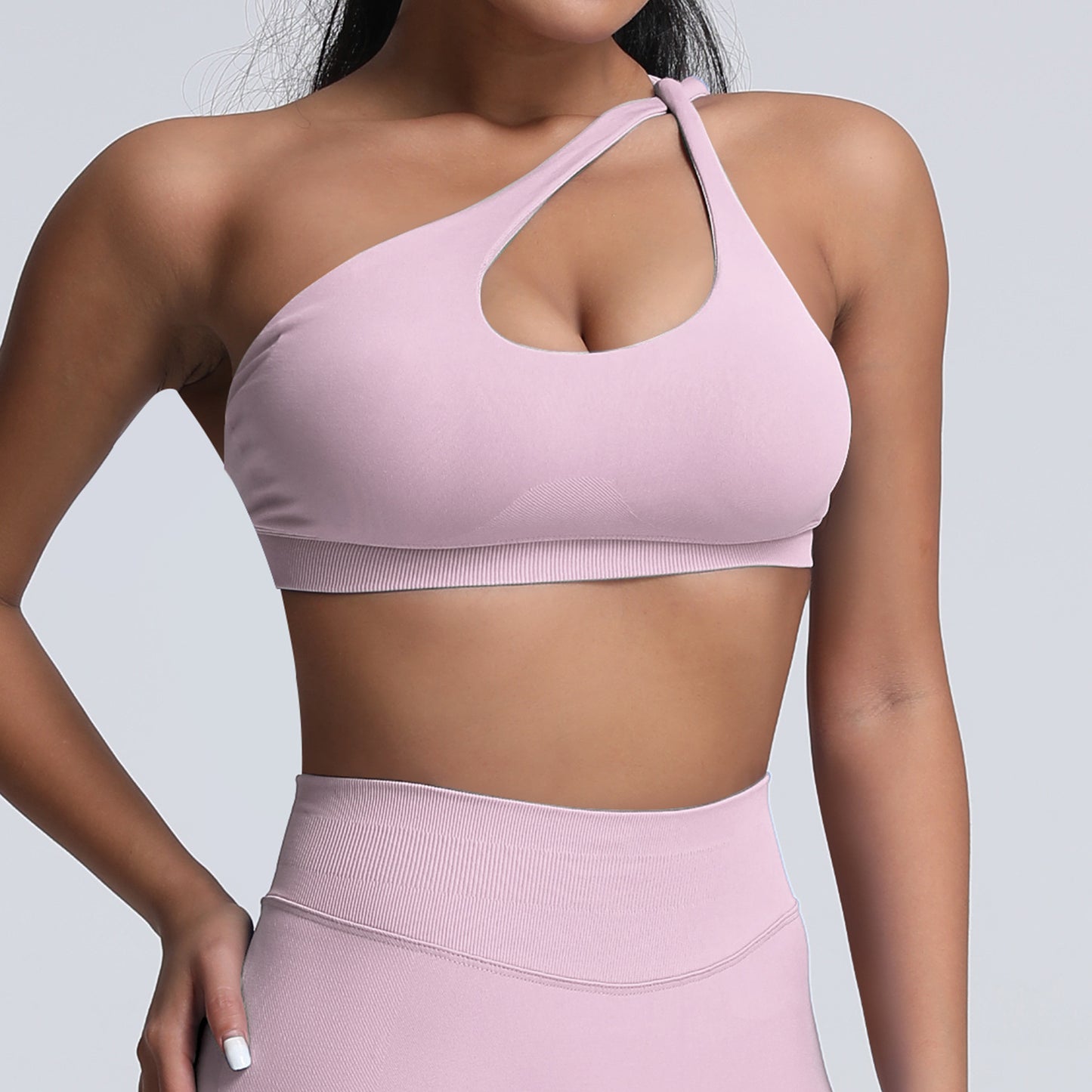 seamless matte nylon sports bra with shoulder strap and open back