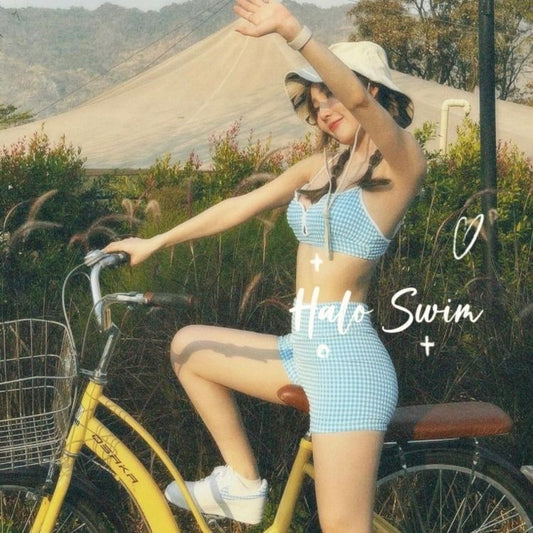 cute blue grid two-piece bikini for summer beach holidays