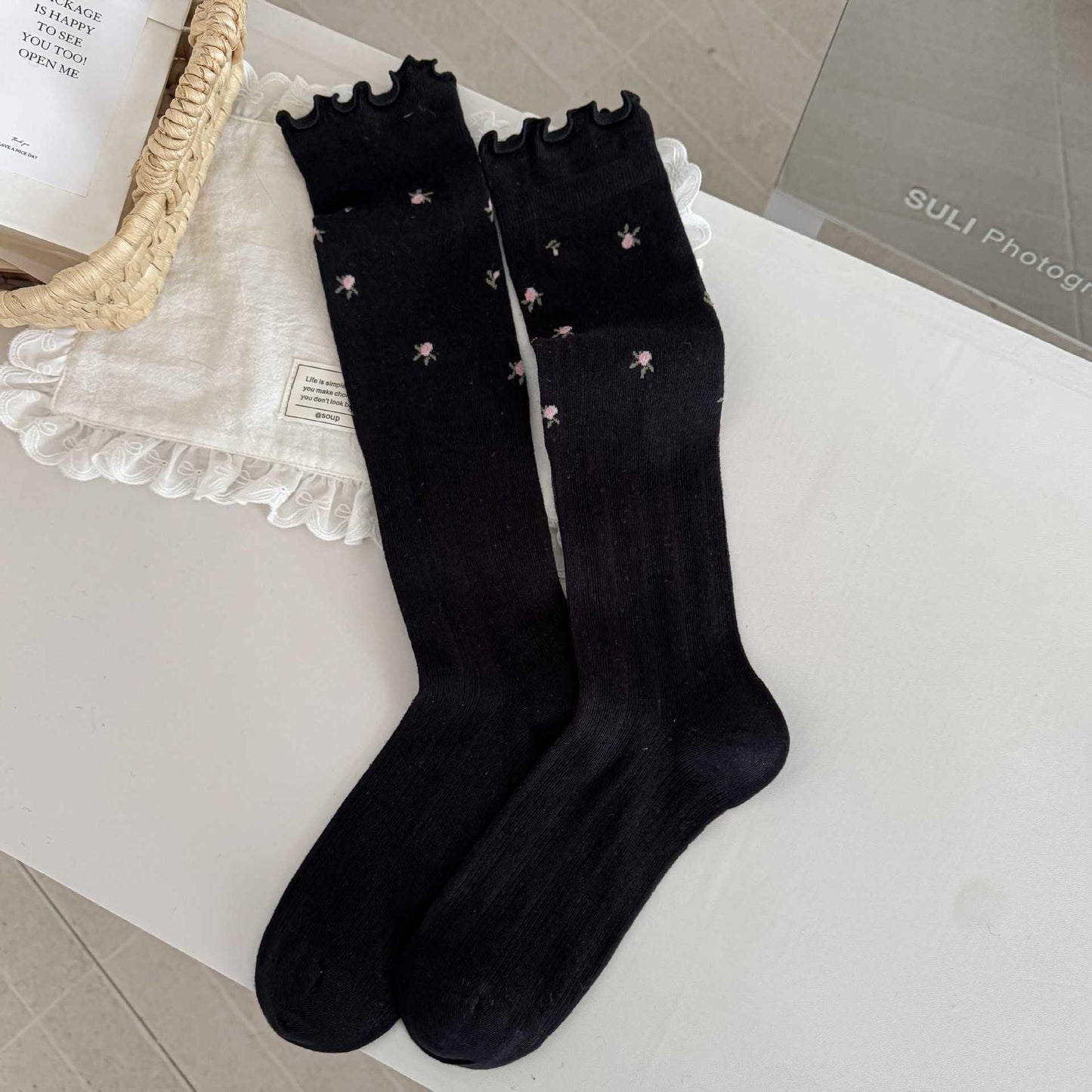Lace Trim Floral Mesh Knee High Socks for Women