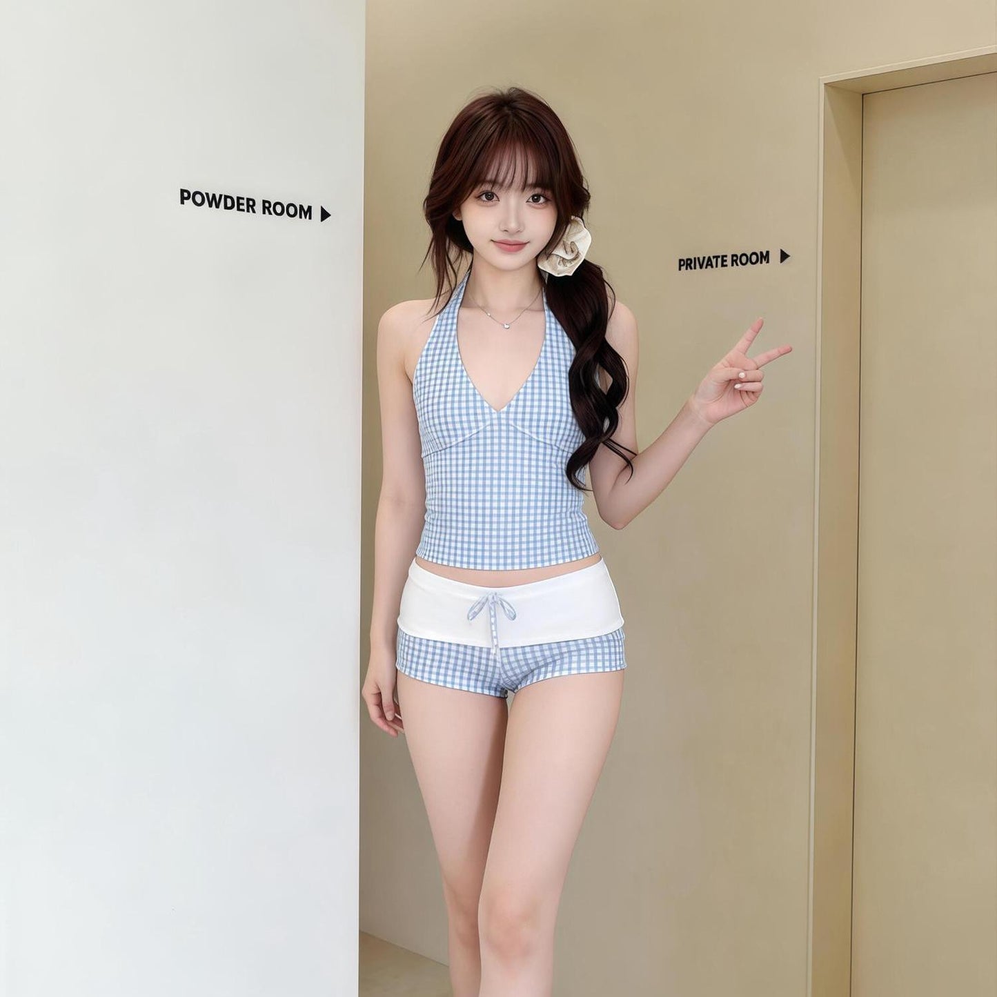 Blue Gingham Plaid High-Waisted Two-Piece Swimwear