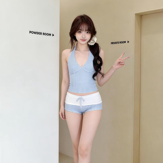 Blue Gingham Plaid High-Waisted Two-Piece Swimwear