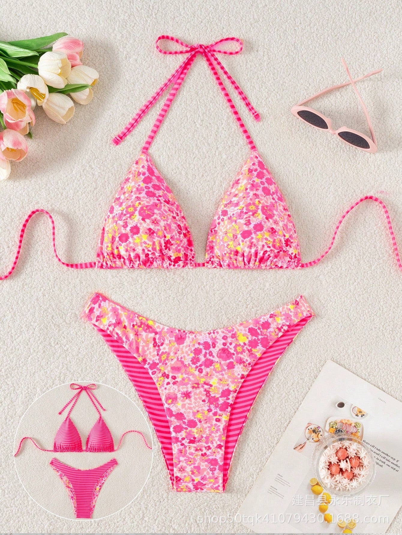 Floral print bikini set with tie front triangle top