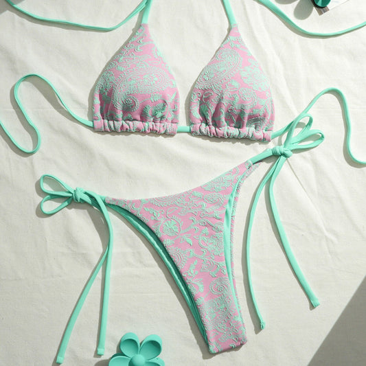 Floral Print Tie Bikini Set - Pastel Patterns & Ruched Tops