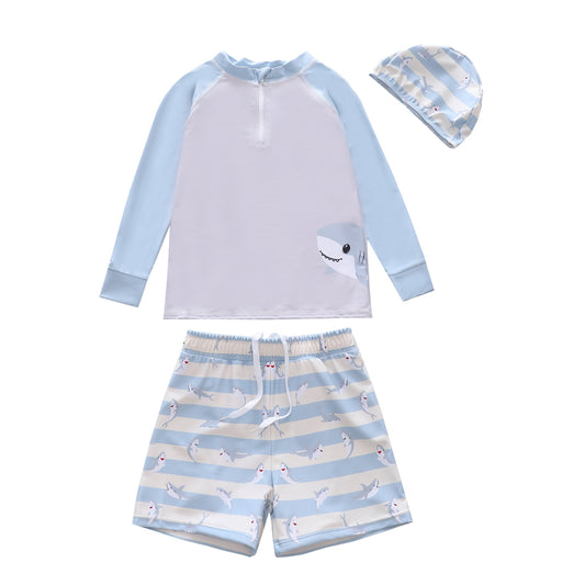 Long Sleeve Two-Piece Rashguard Swim Set Quick Dry Colourblock Shark Kids