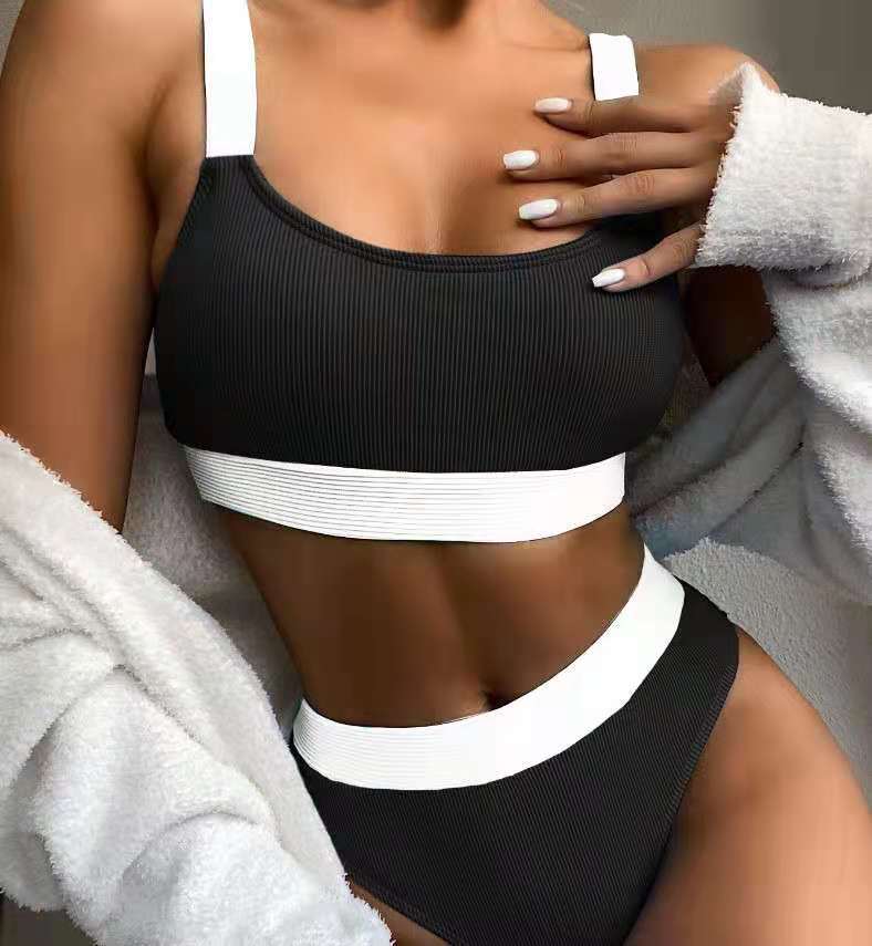 Pure Color Bikini Set High Waist Two Piece Swimwear
