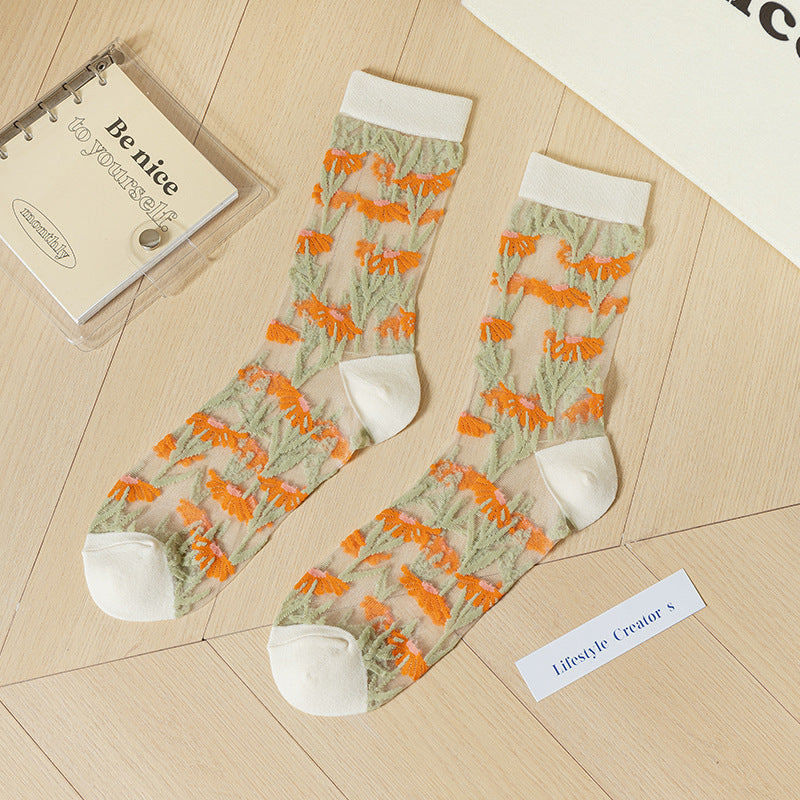 Sheer Floral Mid-Calf Socks Summer Sheer Glass Silk Hosiery