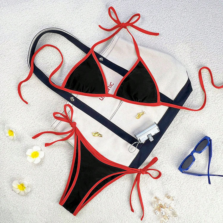 Colourful Tie-Strap Bikini Set with Bold Contrast Piping
