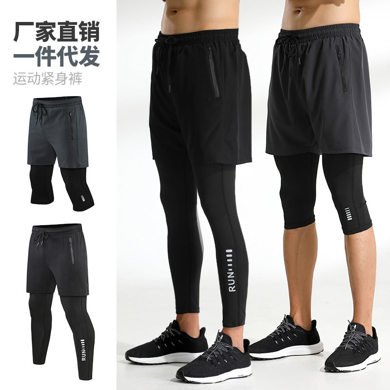 夏季假两件运动健身紧身裤男户外训练跑步裤子女速干透气男士批发