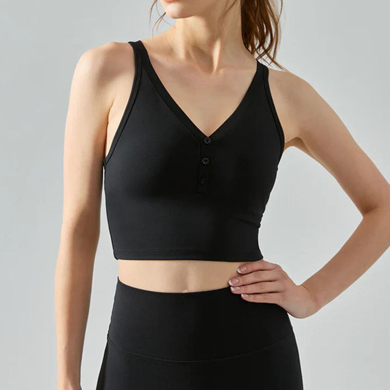 Nude V-Neck Cross Back Crop Sports Bra Women - Fitness Activewear