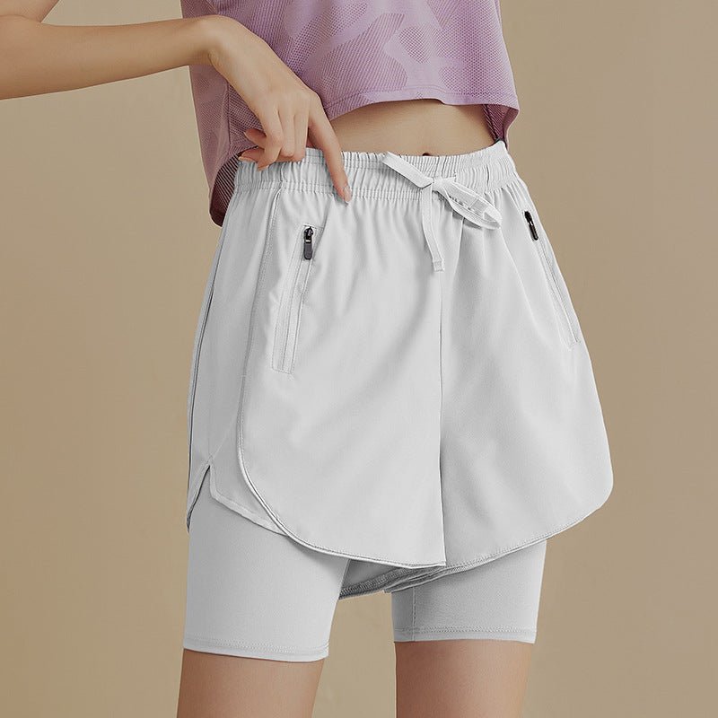 High-waisted faux-two-piece running shorts - quick-dry summer yoga shorts