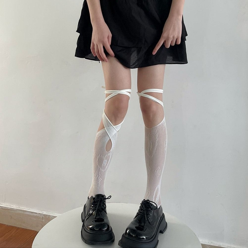 Lace Bow Mid-Calf Socks for Women - Cute Butterfly Frill Knee High Socks