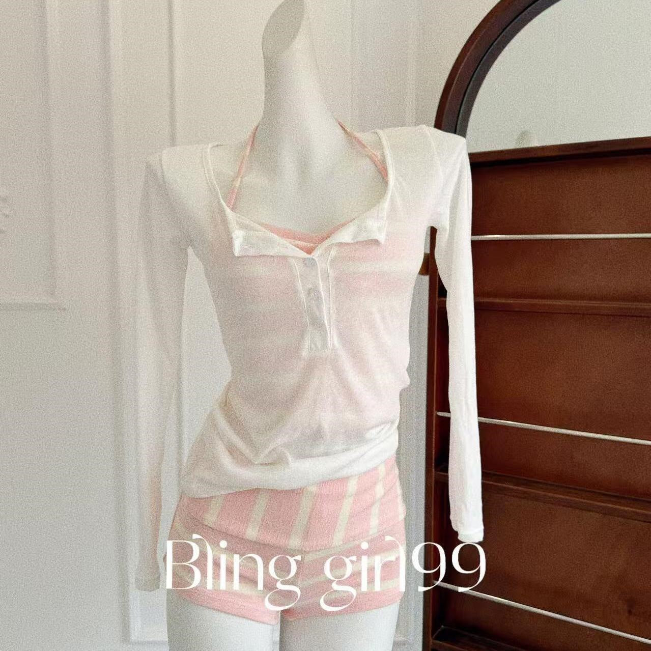 Pink Striped Halter Neck Swimwear with Cover-Up Shirt