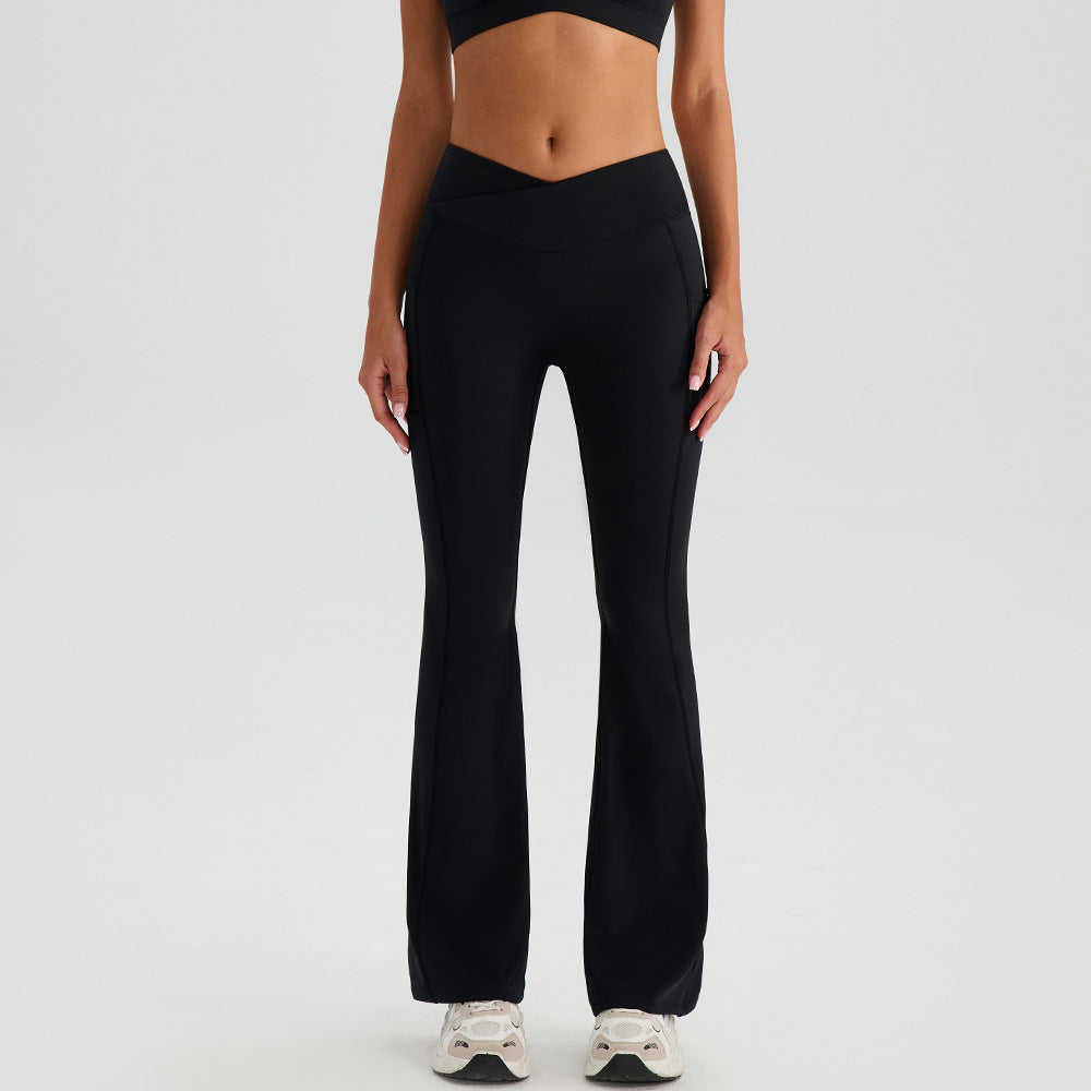 High-Waist Cross-V Flared Yoga Pants Side Pockets