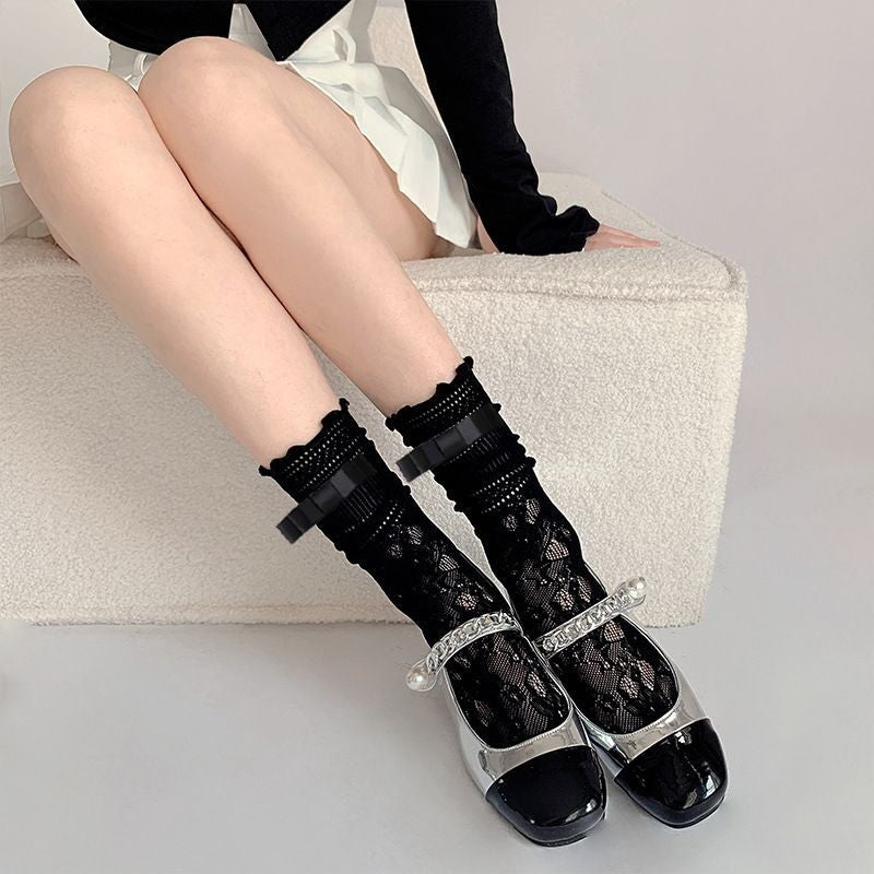 Lace Bow Mid-Calf Socks for Women - Cute Butterfly Frill Knee High Socks