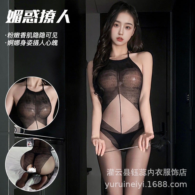 Transparent Black Bodysuit Lingerie with Open Front Stockings