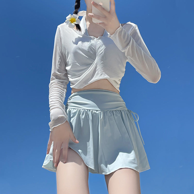 Mint Green Long Sleeve Cut Out Swimsuit with Skirt