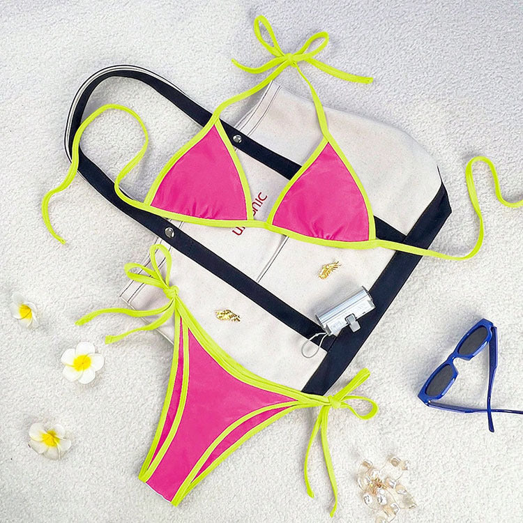 Colourful Tie-Strap Bikini Set with Bold Contrast Piping