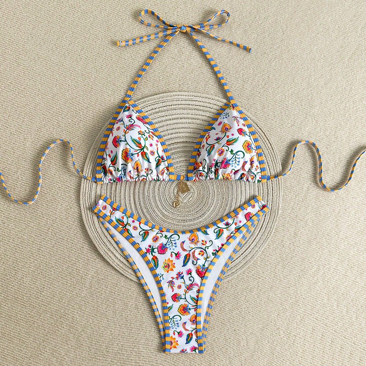 Triangle Bikini Set - Floral Print High-Cut Swimsuit