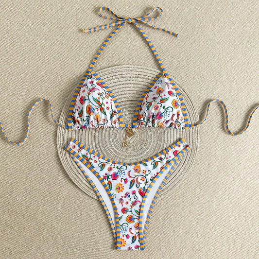 Triangle Bikini Set - Floral Print High-Cut Swimsuit